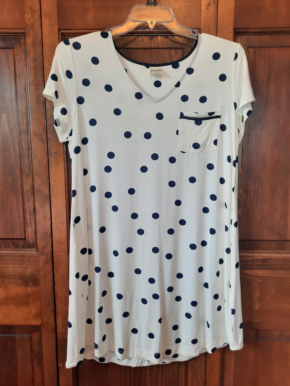 NWOT Soma Cool Nights Cream Navy Blue Polka Dot Sleep Shirt/Nightgown Size Large